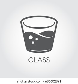 A glass of water or other abstract drink. Black and white icon in flat design. Cookery and bar concept. Vector logo