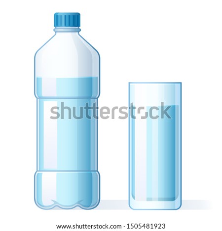 Glass of water and plastic bottle. Hydration, bottles for pure liquid and bottled mineral water drink. H2O aqua drink, water with drinking minerals in cup cartoon isolated vector illustration