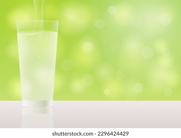 Glass of Water. Water Pouring into Glass. Vector Illustration Isolated on Natural Green Background. 