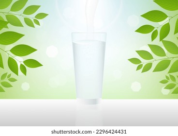Glass of Water. Water Pouring into Glass. Vector Illustration Isolated on Natural Green Background. 