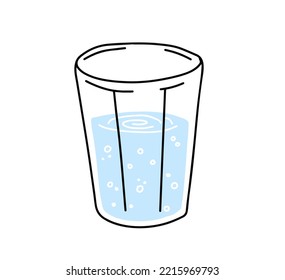 Glass of water. Refreshing drink. Doodle outline cartoon. Trendy modern illustration. Blue liquid cup