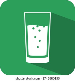 Glass of water sign. Drinks logo. Refreshments. Liquor. Sparkling. Flat 3D shadow illustration. Green background white vector. Product service brand. Board banner label display printable. App icon.