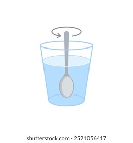 Glass with water and spoon. Stir mix drink in cup. Vector illustration