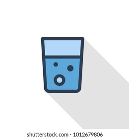 glass of water thin line flat color icon. Linear vector illustration. Pictogram isolated on white background. Colorful long shadow design.