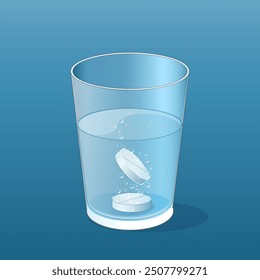 Glass of water with two effervescent tablets dissolving, creating bubbles. Vector Icons about preparation of a medication, vitamin or supplement. 