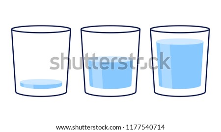 Glass of water vector illustration. Full, half and at the buttom