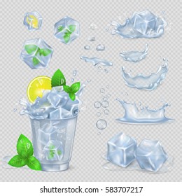 Glass with water, yellow lemon slice, green mint leaves and ice cubes isolated on transparent background. Vector illustration of cooling drink in hot summer time with set of its ingredients.