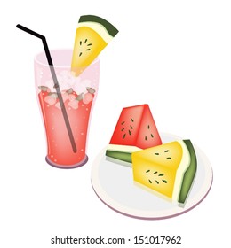 A Glass of Watermelon Cocktail and Dish with Slice of Red and Yellow Watermelon 