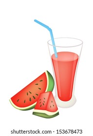 A Glass of Watermelon Cocktail and Slice of Red Watermelon, Watermelon Juice Is A Highly Nutritious and Refreshing Juice 