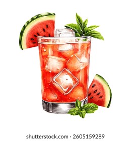 Glass of watermelon juice and slice of watermelon with mint and ice. Tasty fruit smoothie tropical cocktail or lemonade.  Hand drawn illustration isolated on white background