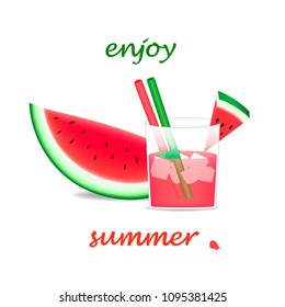 glass of watermelon juice and watermelon slices  isolated on the white background, square vector illustration