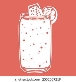 glass of watermelon-lime smoothie with mint on pink. white silhouette is soft summer thick cool drink of delicate color with pieces of fruit. Non-alcoholic cocktail on a white background. illustration