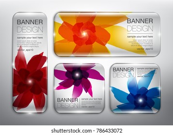Glass web banners set of 4. Transparent  glass web banners with floral design. Isolated on the light background. Each item contains space for own text. Vector illustration. Eps10.