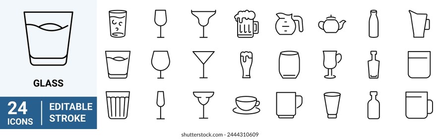 Glass web line icon set. Drink glassware type - beer mug, whiskey shot, wineglass, teapot minimal vector illustration. Editable Stroke.