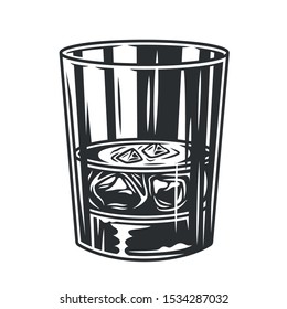 Glass of whiskey brandy cognac with ice cubes monochrome vector