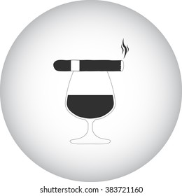 Glass of whiskey and burning cigar simple icon  on round background