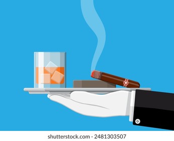 Glass of whiskey with cigar and ashtray in hand. Premium alcohol, tobacco. Bourbon alcoholic drink, smoking products. Luxury lifestyle concept. Vector illustration in flat style