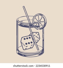 glass of whiskey with dice. Gambling concept. Vector illustration