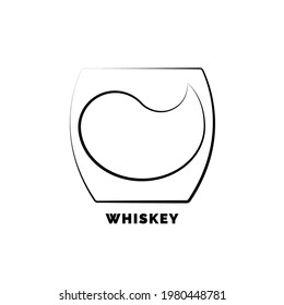 Glass whiskey with a drop of drink inside. Contour line art in flat style. Restaurant alcoholic illustration for celebration design. Beverage outline icon with text. Isolated on white background.
