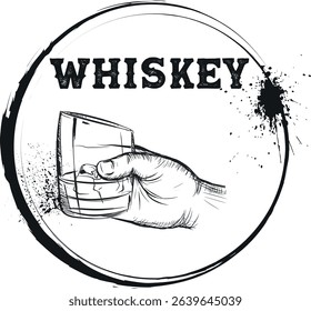 Glass of whiskey in hand, bar poster, scotch, brandy, drink. Hand drawn vector alcohol, sketch, realistic splash, texture, t-shirt print