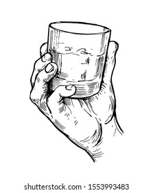 Glass of whiskey in hand. Hand drawn illustration converted to vector