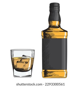 A glass of whiskey with ice and a bottle with a label. Vector hand drawn color illustration