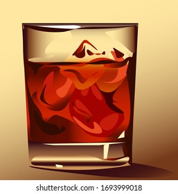 Glass of whiskey with ice and coke. Vector illustration