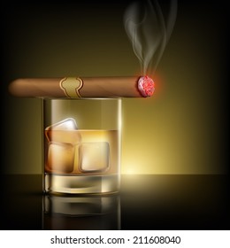 glass of whiskey with ice cubes and cigar