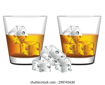Glass of whiskey with ice cubes illustration.