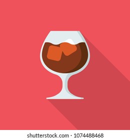 Glass of whiskey with ice flat icon with long shadow isolated on red background. Simple alcoholic drink in flat style, vector illustration.