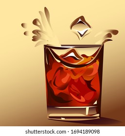 Glass of whiskey with ice with flying splashes. Vector illustration