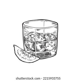 Glass of whiskey with ice. Ink sketch isolated on white background. Hand drawn vector illustration. Retro style.