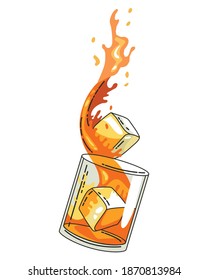 Glass of whiskey with ice isolated on transparent background. Realistic vector glass with smokey scotch whiskey and ice isolated. Glass and drink