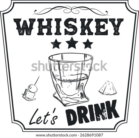 A glass of whiskey with ice, line drawing by hand with a brush, sketch. Booze, bar menu, drink party poster, jack, scotch
