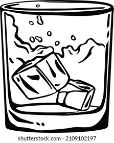Glass of whiskey with ice and splash, freehand drawing vector