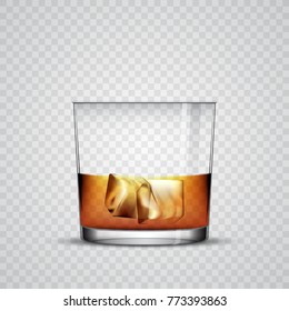 A glass of whiskey with ice, transparent objects on simple background