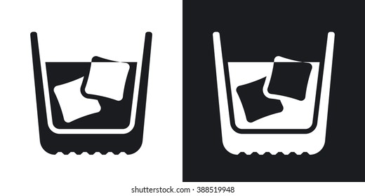 Glass of whiskey with ice. Vector icon. Two-tone version on black and white background