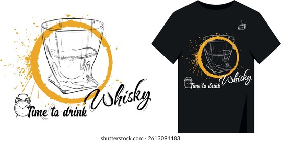 Glass of whiskey, line drawing brush, marker, splashes. Vector design print for t-shirt, poster, alcohol, drink
