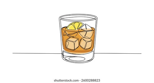 glass whiskey on the rocks continuous single line minimalist illustration of a glass of whiskey on the rocks, accompanied by hints of lemonade, designed using a continuous single line drawing.