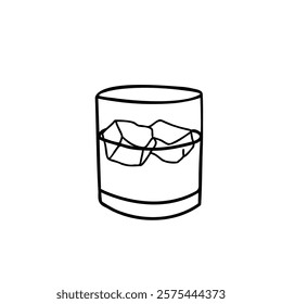 Glass of Whiskey or other Drink and Ice. Hand drawn Vector illustration in Doodle style isolated on a white background. A simple minimalist Black and white illustration. Perfect for use in menu design