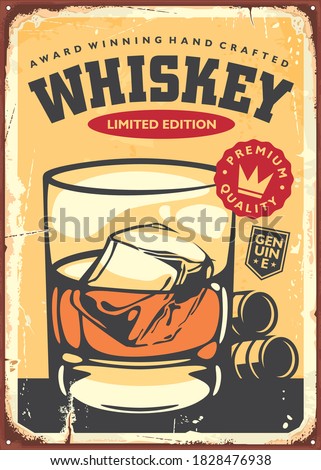 Glass of whiskey retro sign design. Alcohol drinks vector poster template for whisky bar or pub.