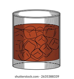 Glass with whiskey or rum and ice color vector illustration in sketch style. Hand drawn line art of strong chilled alcoholic drink. Retro engraving for bar and menu.
