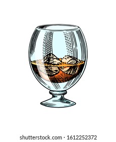 Glass of whiskey or Scotch. Vintage Strong Alcohol drink. Hand drawn engraved monochrome sketch for retro poster, badge. American symbol.