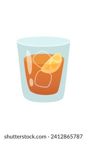 Glass of whisky with lemon and ice vector illustration isolated on white background. Bourbon shot. Goblet with scotch. Alcohol drink for true gentlemen. Party, celebration, evening time.