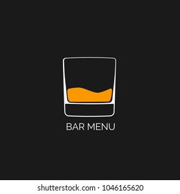 Glass Of Whisky On Black Background. Icon, Symbol, Logo Alcohol. For The Menu, Bar, Restaurant, Wine List. Minimal.