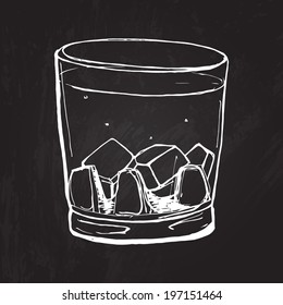 Glass of whisky. Vector sketched illustration at the blackboard background.