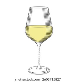 Glass with white wine color vector illustration in sketch style. Hand drawn line art of alcoholic drink for bar and menu. Visual image of tasting.