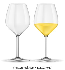 Glass of white wine. Empty and full. Vector 3d illustration isolated on white background