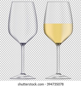 Glass Of White Wine And Empty Glass. Vector Illustration Isolated On Transparent Background.