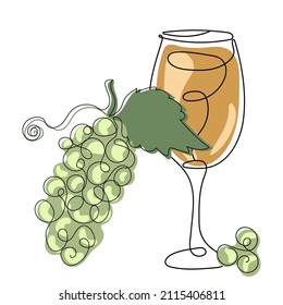 Glass of white wine and grape. Trendy vector illustration of alcohol drink in minimalist line art style.